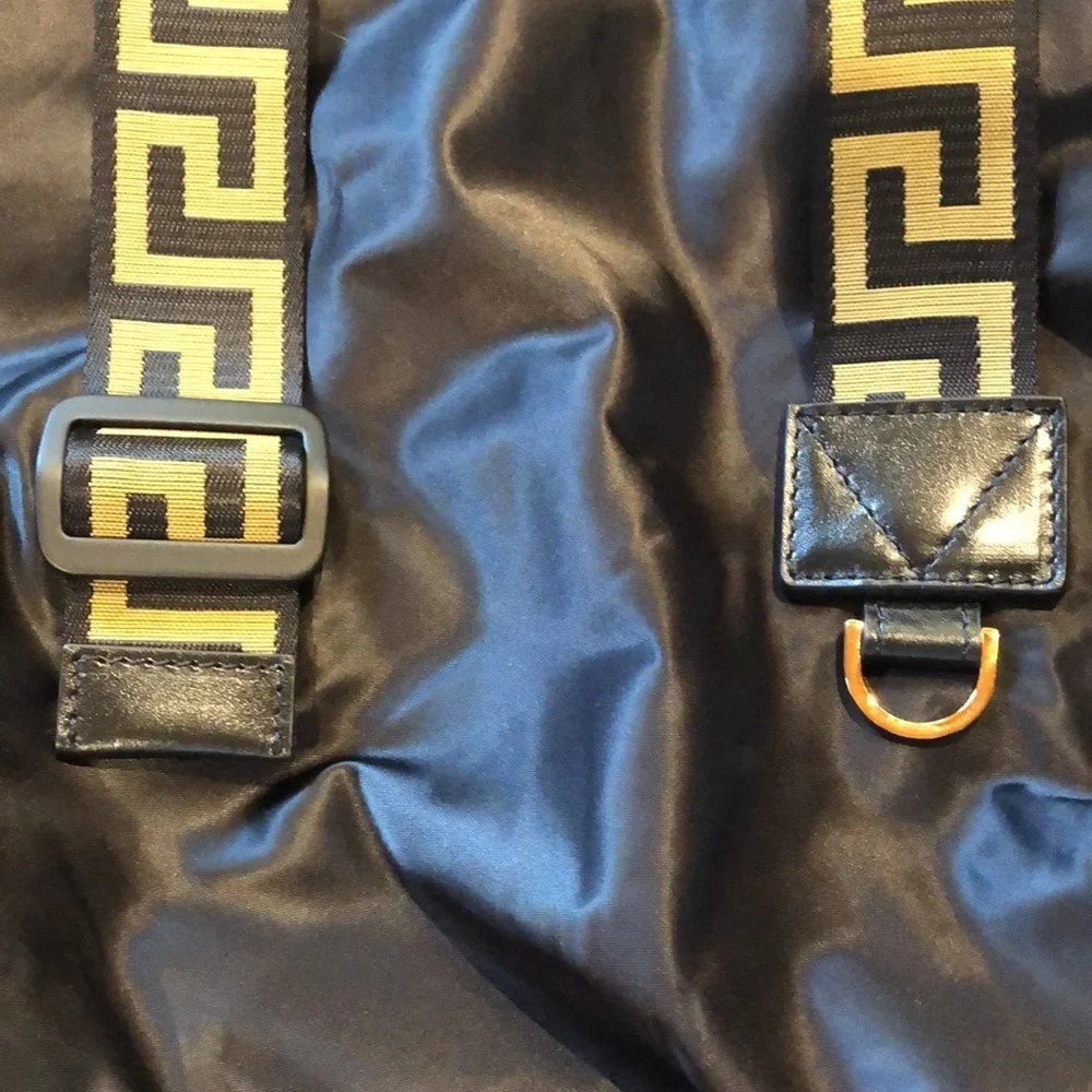 Versace like new black Greca travel bag gold accents nylon magnet close  17x14x7